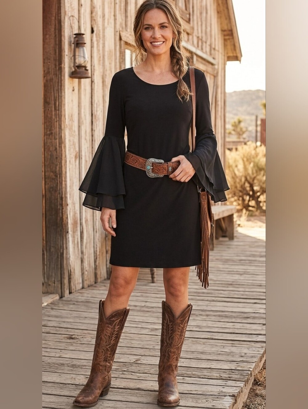 {R&M Richards} Black Long-Sleeve Bell Cuff Shift Dress - Size 12